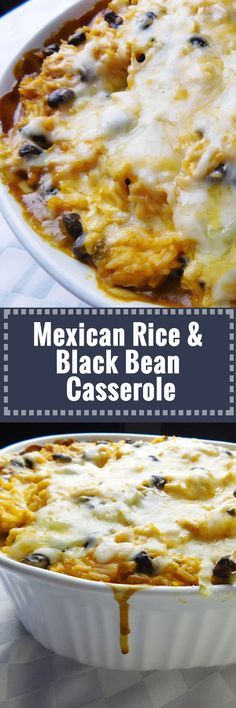 mexican rice and black bean casserole in a white dish with melted cheese on top