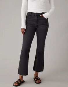 AE Next Level High-Waisted Kick Bootcut Crop Jean Ankle Bootcut Jeans Outfit, Cropped Jeans Outfit Summer, Bootcut Jeans Outfit, Cropped Jeans Outfit, White Jeans Men, High Waisted Black Jeans, Athletic Fit Jeans, Jeans Outfit Summer, High Waisted Cropped Jeans