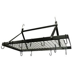 a metal rack with hooks hanging from it