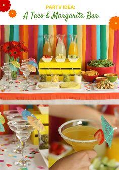 Party Idea: A Taco And Margarita Bar Tequila Station Party Ideas, Margarita Bar Set Up, Margarita Drink Station, Taco And Margarita Party Decor, Taco Party Decorations