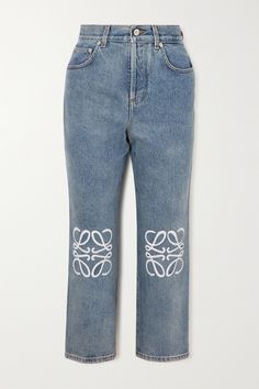 Loewe's jeans have a high-rise waist and classic straight-leg fit. The knees are appliquéd with the label's 'Anagram' motif, lazer cut from the same supple leather as the house's iconic handbags. Pair the cropped length with mules or ankle boots, alike. Loewe Jeans, Iconic Handbags, Loewe Anagram, Lazer Cut, Luxury Women Fashion, Beauty Clothes, Jeans For Women, Skirted Swimwear, Second Skin