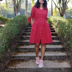 Red Polka Dot Linen Dress, Hand block print dress, Pleated dress, Made to order, Custom made, Plus size-Model height: 5'3" wearing size S-Length: 36"-Tie-up sleeve-Shell button Red Cotton Knee-length Dress, Red Knee-length Cotton Dress, Red Block Print Summer Dress, Red Printed Cotton Dress, Fitted Casual Block Print Dress, Casual Fitted Block Print Dress, Red Cotton Block Print Dress, Knee-length Cotton Polka Dot Dress, Cotton Knee-length Polka Dot Dress