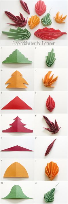 the steps to make an origami bird with paper leaves and other things on it