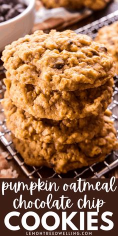 pumpkin oatmeal chocolate chip cookies stacked on top of each other with text overlay