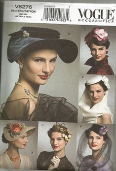 VOGUE PATTERNS V8276 VOGUE ACCESSORIES ONE SIZE HATS:  PACKAGE INCLUDES PATTERNS AND INSTRUCTIONS FOR SIX HATS.  HATS A,C,D,F HAVE CONTRAST FLOWERS.  E:  CONTRAST DRAPE.  HATS ARE ONE SIZE. COPYRIGHT:  2006 This pattern is uncut, factory folded.   ------------------------------------------------------------------------------------- Please let me know if you have any questions. Other than my patterns, the shipping price quoted is not necessarily the least expensive, but recommended. I try to keep Vintage Hat Patterns, 1950s Hats, Evening Hat, Vintage Style Hat, Hat Patterns To Sew, Retro Hats, Elegant Hats, Vogue Sewing Patterns, Hat Patterns