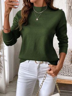 Plus Size Crew Neck Solid Color Elegant Fashion Pullover Sweater, Long Sleeve, For Christmas, Winter Army Green Casual  Long Sleeve Knitwear Plain Pullovers Medium Stretch  Women Plus Clothing, size features are:Bust: ,Length: ,Sleeve Length: Green Sweater Outfit Plus Size, Sweater Outfit Plus Size, Green Sweater Outfit, Plus Size Pullover, Pullover Outfit, Plus Size Sweaters, Christmas Winter, Green Sweater, Elegant Fashion