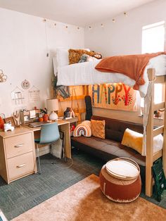 a bedroom with bunk bed, desk and chair in it's center area on carpeted floor