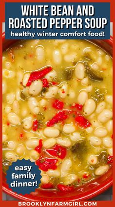 closeup of a red bowl of broth with white beans and green and red peppers Meatless Soup, Soup With Pesto, Roasted Pepper Soup, Meatless Soups, Easy Winter Recipes, Soup Healthy