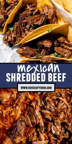 mexican shredded beef tacos with text overlay