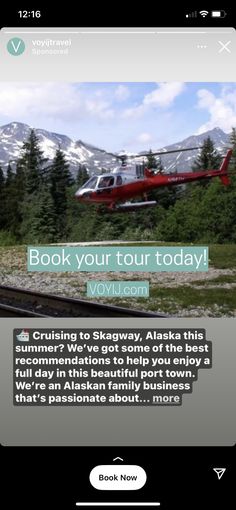 an iphone screenshot of a red and white plane with the words, book your tour today