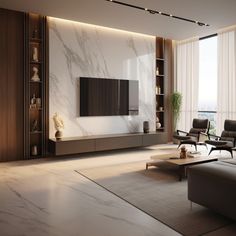 a modern living room with marble walls and flooring