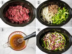 four pictures showing how to make beef and noodles in the slow cooker