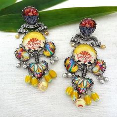 Ayala Bar Earrings | Statement Chandeliers, Bright Sunset Unique Clip-on Drop Earrings, Clip-on Drop Earrings, Multicolor Clip-on Round Earrings, Handmade Fusion Earrings, Elegant Multicolor Earrings With Oxidized Finish, Artistic Yellow Nickel-free Jewelry, Multicolor Clip-on Drop Earrings, Festive Multicolor Sterling Silver Earrings, Yellow Chandelier Earrings