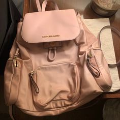 Michael Kors Abbey Large Blossom Nylon Backpack. Drawstring Closure And Snap Flap With Three Outter Pockets And Three Interior Pockets (One Is Zip). Michael Kors Logo In Gold On Front And All Over Khaki Interior. Gold Tone Zippers On Outer Pockets. Brand New/Never Used. Pink Leather Backpack For Travel, Pink Leather Travel Backpack With Removable Pouch, Michael Kors Bag, Backpack Bags, Michael Kors, Zipper, Bag Lady, Backpacks, Pink