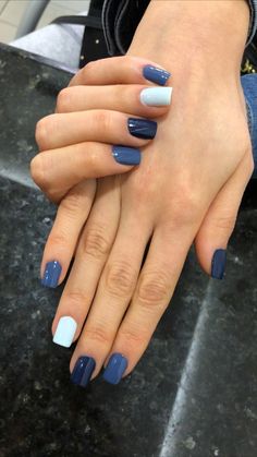 Blue Nails Two Colors, Five Shades Of Blue Nails, 2 Tone Blue Nails, Denim Blue Pedicure, Blue Palette Nails, Denim Blue Gel Nails, Nails Denim Blue, Blue Nails Spring 2024, Dark Blue And Grey Nails