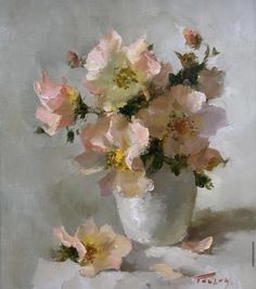 a painting of pink flowers in a white vase