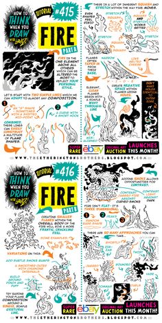 an illustrated poster with different types of fire and water in various colors, shapes, and sizes