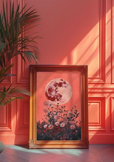 a painting on the wall next to a potted plant with red flowers in it