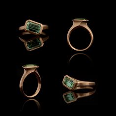 This distinctive asymmetric ring combines a 2.29 carat emerald-cut mint tourmaline with 18-carat rose gold. The vivid green tourmaline is set diagonally across the finger and is perfectly balanced by the fluid lines and soft angles of the sculpted rose gold setting. Part of our Arris series of hand-carved rings, this elegantly proportioned rose gold and mint tourmaline ring is ideal for wear either as a dress ring or engagement ring. If desired, a fitted hand-carved wedding band can be made to m Rose Gold Emerald Ring, Mens Emerald Rings, Hand Carved Ring, Contemporary Fine Jewelry, Emerald Ring Gold, Carved Ring, Fingers Design, 3d Metal, Modern Ring