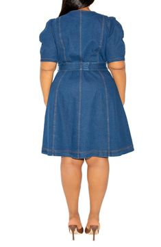 A hint of stretch brings all-day comfort to this denim shirtdress framed by pretty puff sleeves and hugged by a tie belt. Front button closure Surplice V-neck Elbow-length sleeves Removable tie belt 75% cotton, 22% polyester, 3% spandex Hand wash, line dry Imported Fitted Collared Belted Denim Dress, Fitted Collared Denim Dress With Belt, Short Sleeve Belted Denim Workwear Dress, Belted Denim Dress With Short Sleeves For Work, Belted Knee-length Denim Dress, Fitted Belted Denim Dress In Denim Blue, Fitted Medium Wash Belted Denim Dress, Fitted Denim Blue Belted Denim Dress, Medium Wash Belted Knee-length Denim Dress