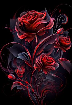 red roses on black background with swirls and leaves in the center, digital painting