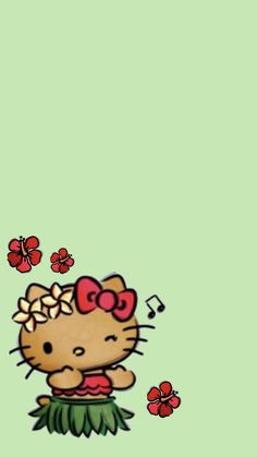 a hello kitty wallpaper with red flowers and music notes on it's side