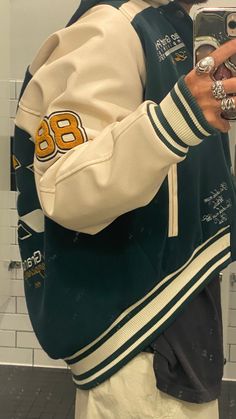 Letter Jacket Outfit Men, Varsity Jacket Aesthetic Men, Varsity Hoodie Outfit, Veracity Jacket, Green Varsity Jacket Outfit Men, College Jacket Outfit Men, Green Varsity Jacket Outfit, College Jacket Outfit