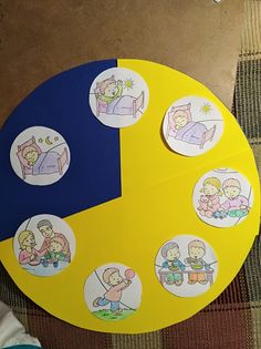 a child's drawing on the side of a yellow and blue circle with pictures of people