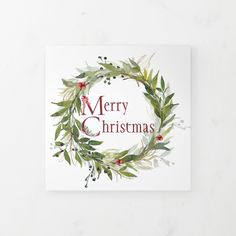 merry christmas card with watercolor wreath