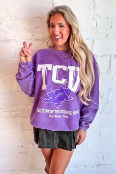 TCU Mascot Cord Sweatshirt Tcu Football Game Outfit, Crew Neck T-shirt With University Logo For Fall, Collegiate Sweatshirt With Team Logo, University Logo Long Sleeve Tops For Sports Season, Long Sleeve University Logo Tops For Sports Season, Throwback Crew Neck Top For Game Day, Long Sleeve Tops With University Logo For Sports Season, Casual French Terry Tops For College, Team Spirit Sweatshirt With Logo Print For Fans