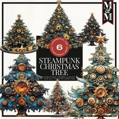 steampunk christmas trees are featured in this magazine