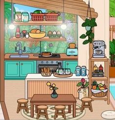 a cartoon kitchen with blue cabinets and lots of food on the counter top next to a swimming pool