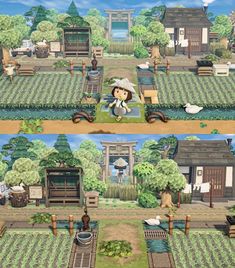 two pictures of the same farm with animals and people