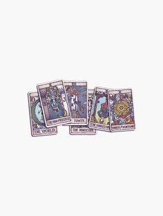 four tarot cards are shown on a white background