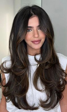 layered haircut, haircut layers, long layered haircut, layered shag haircut, butterfly haircut, butterfly layered haircut, shoulder-length layered haircut, choppy layered haircut, layered haircut long hair Rambut Brunette, Brown Hair Inspo, Simple Prom Hair, Prom Hairstyles For Long Hair, Long Dark Hair, Blowout Hair