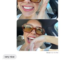 two pictures of a woman wearing sunglasses and one has her hand on her face while the other is smiling