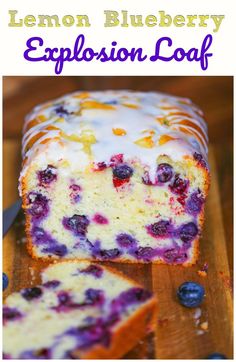 lemon blueberry explosion loaf is cut into slices