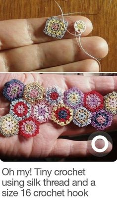 someone is holding some crocheted items in their hand, and then they are knitting them together