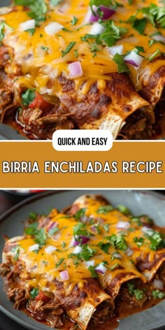 an enchiladas recipe is shown in two different pictures, one with meat and cheese