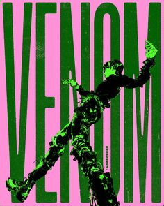 a person riding a skateboard on top of a pink and green poster with words