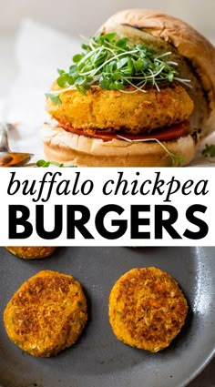 two burgers on a plate with the words buffalo chickpea burgers above them