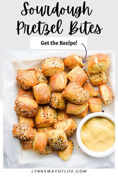 the recipe for sourdough pretzel bites is shown in this postcard