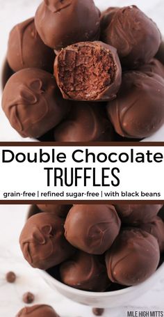 chocolate truffles in a white bowl with the words, double chocolate truffles