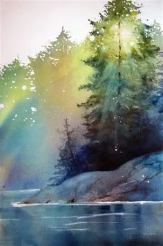 a watercolor painting of trees and snow in the woods with bright lights coming from them