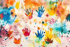 colorful hand prints on white paper with orange, blue and green colors in the background