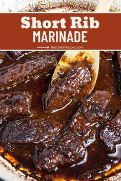 short rib marinade in a skillet with a wooden spoon and text overlay