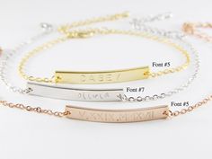 "Personalized Bar Bracelet. Dainty and minimalist bracelet. Hand stamped bar bracelet. This beautiful bracelet can be customized for yourself or the perfect gift. This bracelet can be personalized with roman numerals, name, initials, words or coordinates. Looks lovely layered with other pieces, or it alone! D E T A I L S * Bar size : 33mm x 5mm (1.29\" x 0.19\") * Chain length : 5\" + 2\"extender * Total bracelet length : 6.29\" + 2\"extender * Material : Gold Plated, Silver Plated, Rose Gold Pl Personalized Minimalist Name Bracelet For Bridesmaid, Minimalist Personalized Name Bracelet For Bridesmaid, Minimalist Name Bracelet For Best Friend Gift, Customized Minimalist Name Bracelet, Adjustable Minimalist Name Bracelet For Bridesmaids, Minimalist Customizable Bracelets For Best Friend Gift, Minimalist Customizable Bracelets For Best Friend, Minimalist Customizable Bracelet For Best Friend, Bar Bracelet Personalized