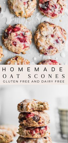 homemade oatmeal cookies are stacked on top of each other with the words gluten free and dairy free