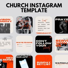 the church instagram template is shown with orange and black colors, including an image of a