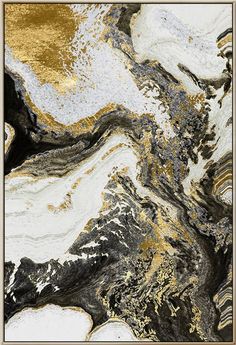 an abstract painting with gold and black paint on it's surface, in the shape of waves